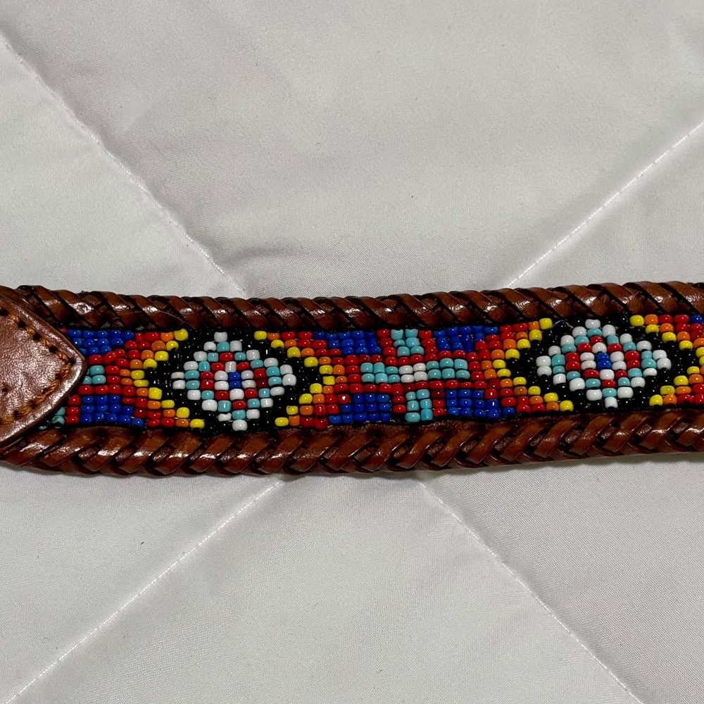 Vintage LL Bean Leather Belt with Multicolor Beadwork